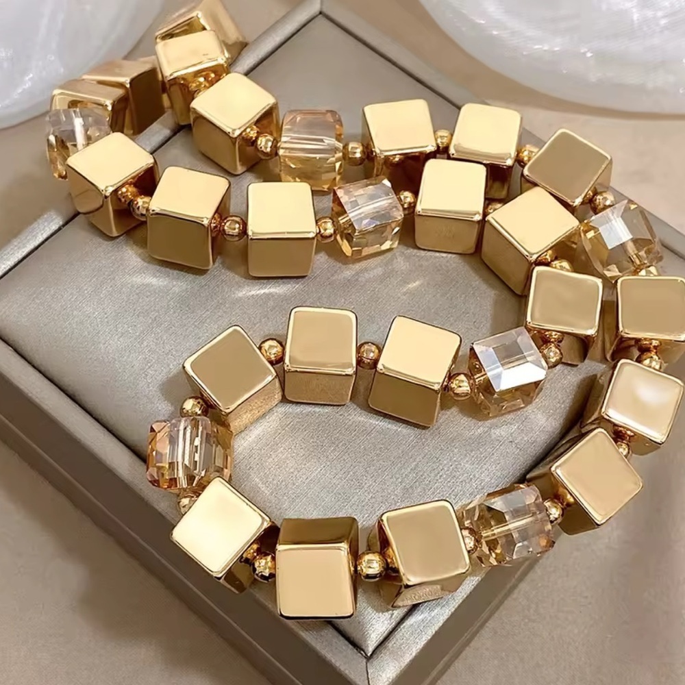 Anthropologie Gold Cube & Crystal Chunky Necklace – Modern Geometric Statement